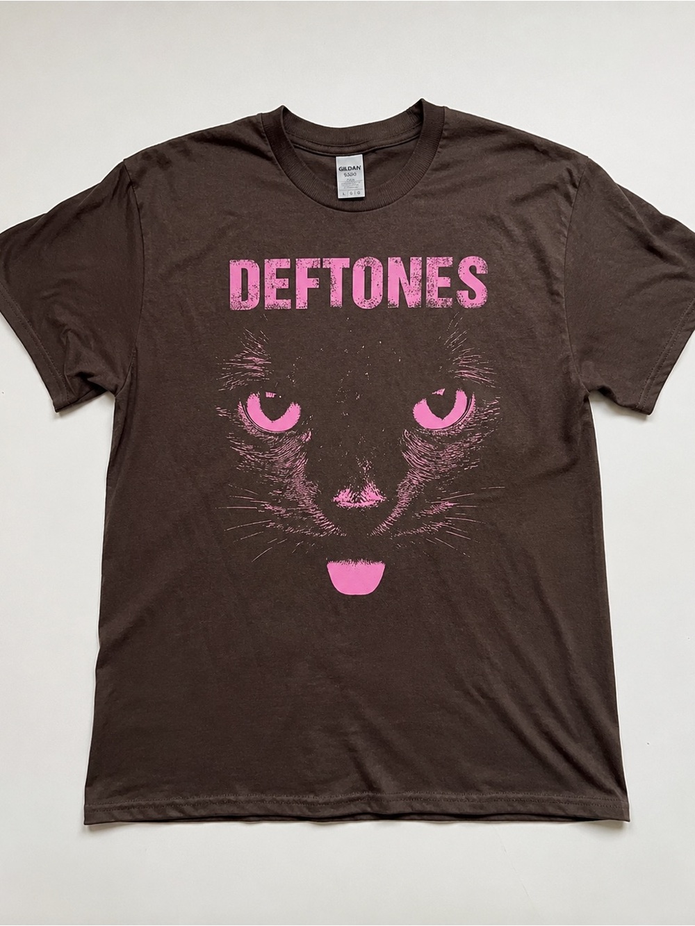 Gildan Brown Tee with Pink Deftones Cat Graphic